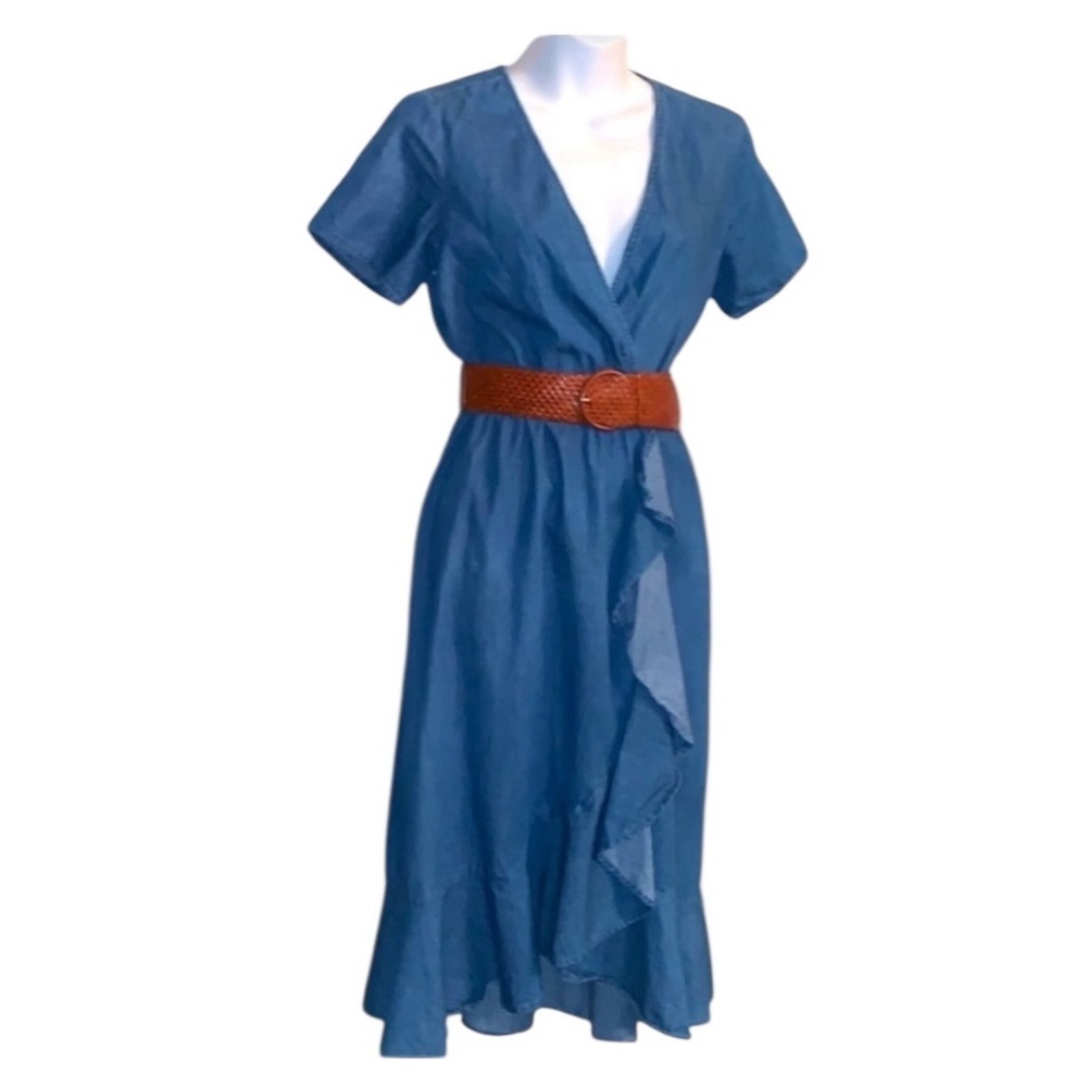 Luxology shirtdress Women's S blue chambray cotton denim-look, wrap front, euc